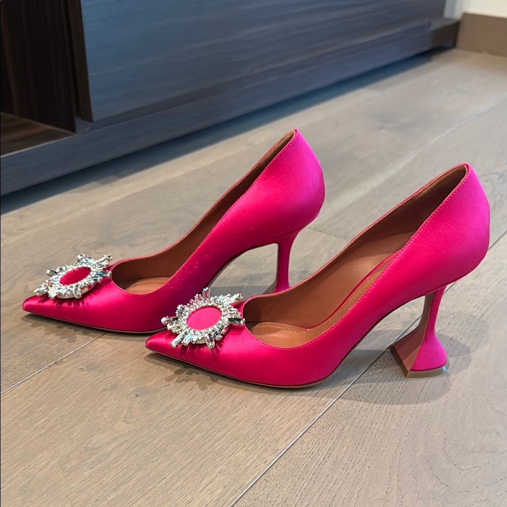 Amina Muaddi Begum Pump in Pink Satin with Crystal Embellishments